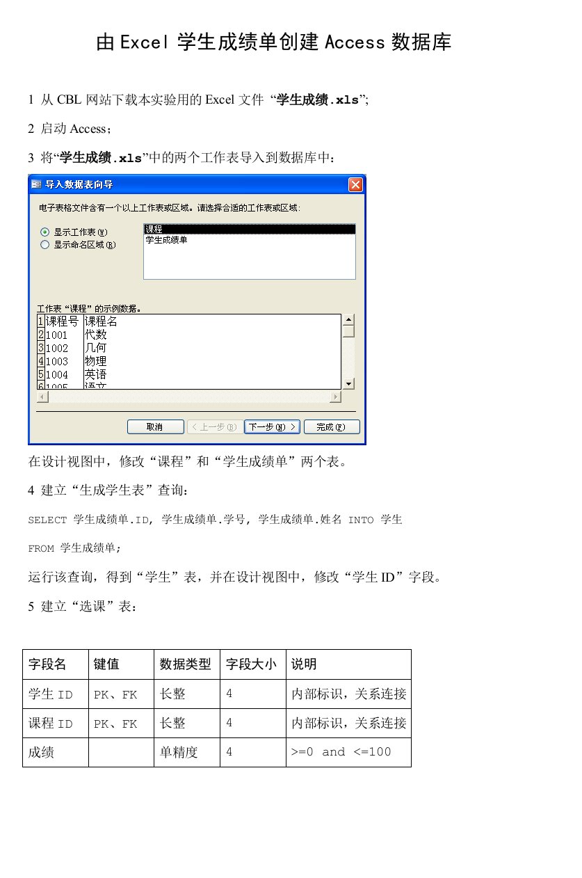 由Excel学生成绩单创建Access数据库