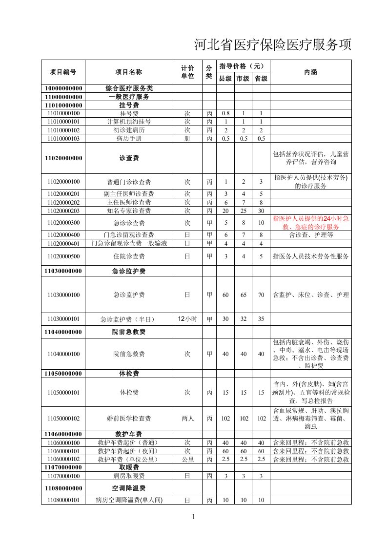 河北省医疗保险诊疗项目