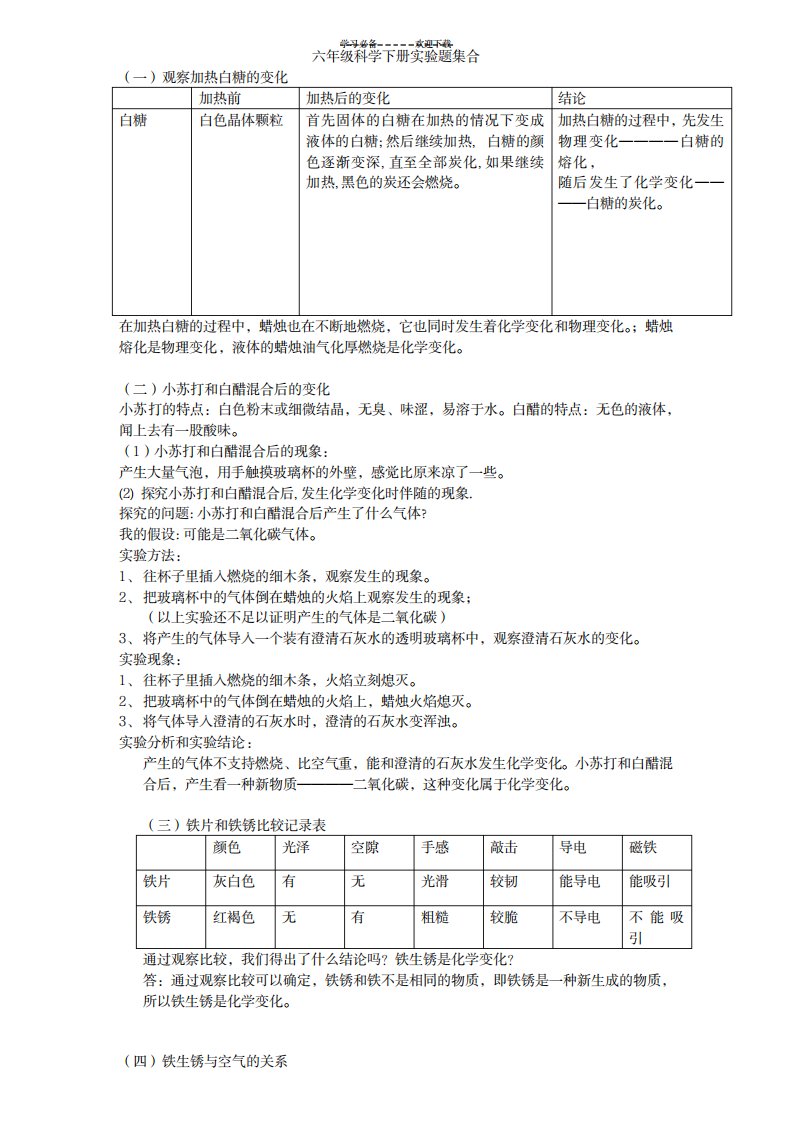 2023年教科版六年级科学下册实验题集合