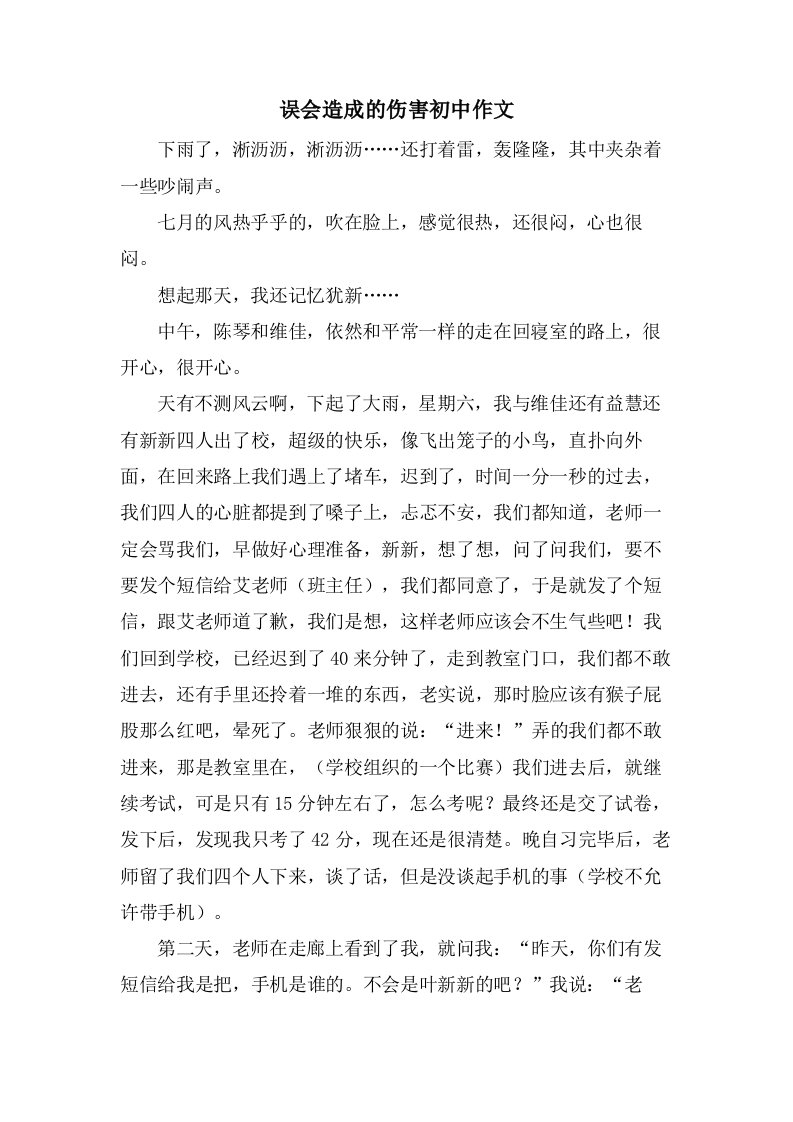 误会造成的伤害初中作文