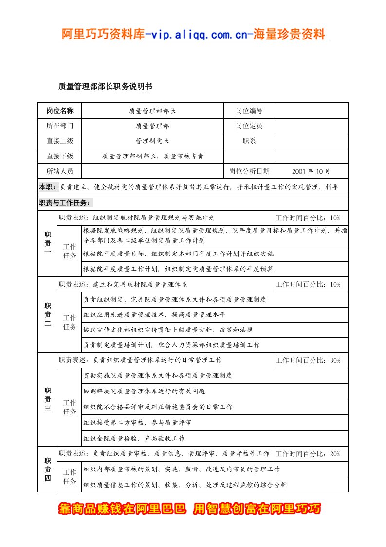 航材院质量管理部部长职务说明书