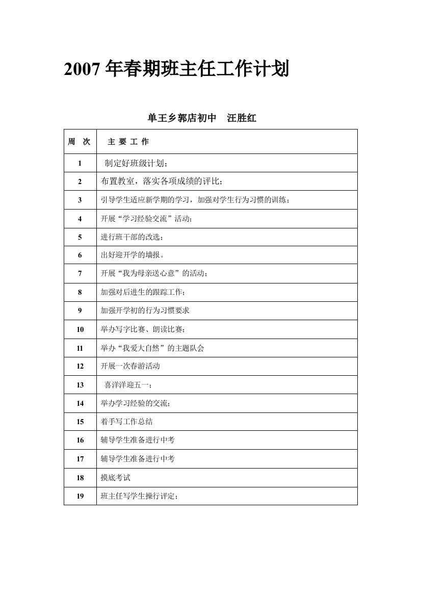 2007年春期班主任工作计划