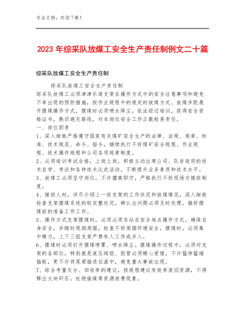 2023年综采队放煤工安全生产责任制例文二十篇