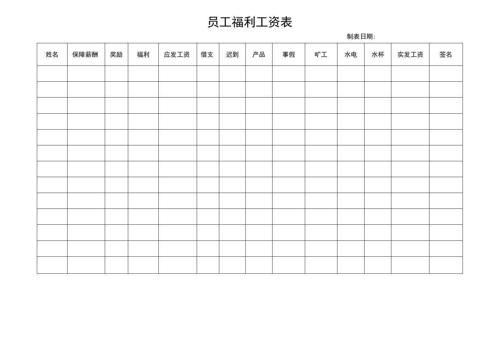 员工福利工资表