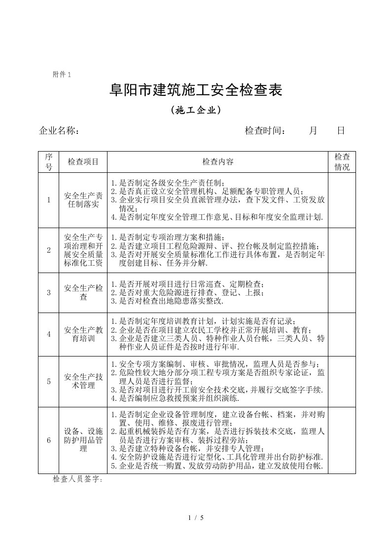 建筑工地安全检查表