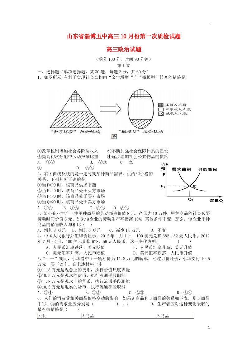 山东省淄博第五中学高三政治10月第一次质检试题新人教版