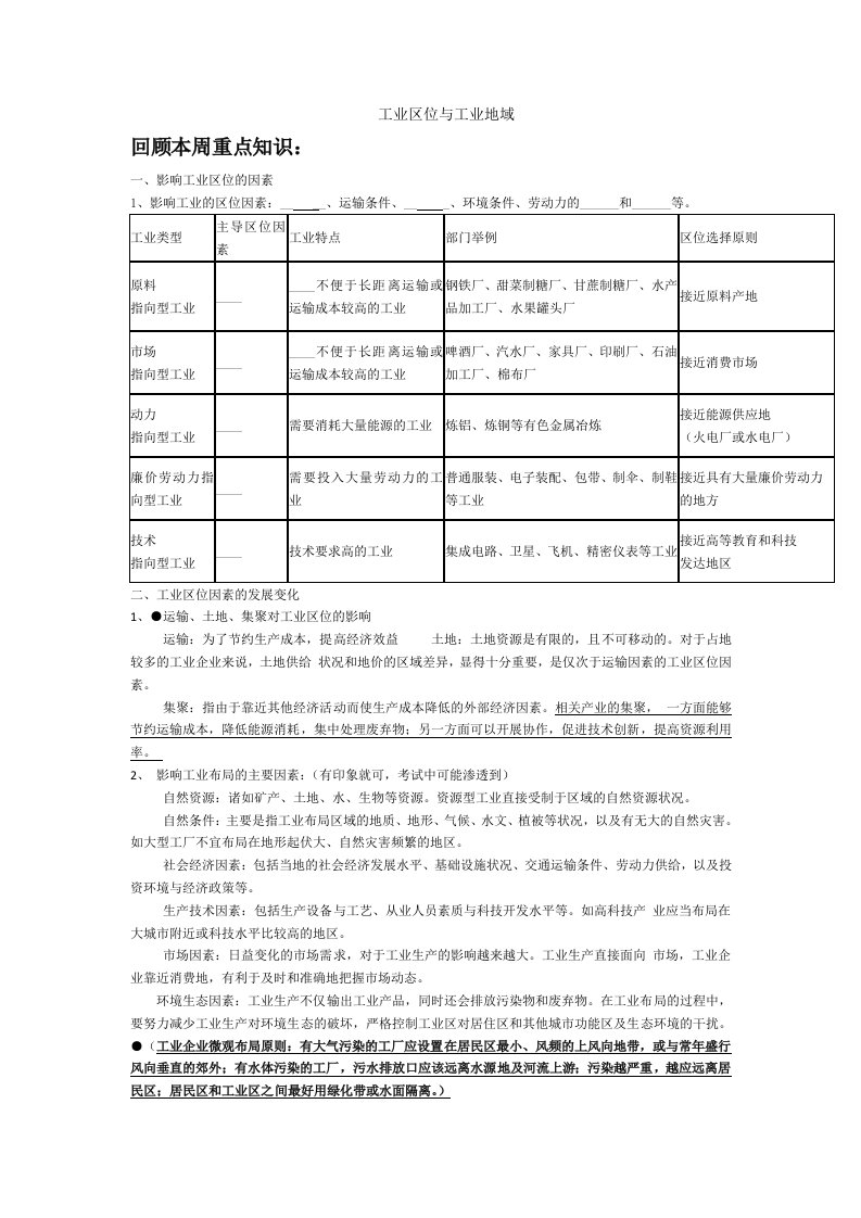 高一地理周末自主学习安排(工业区位与工业地域)