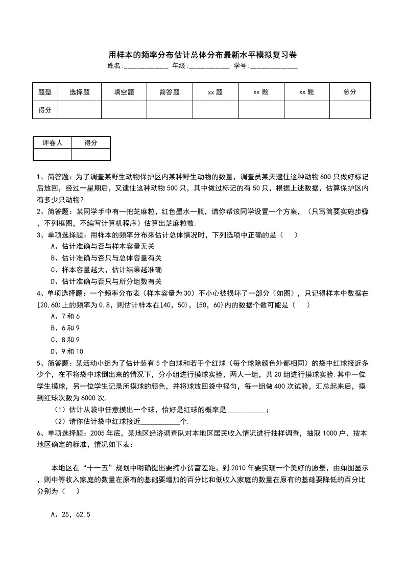 用样本的频率分布估计总体分布最新水平模拟复习卷