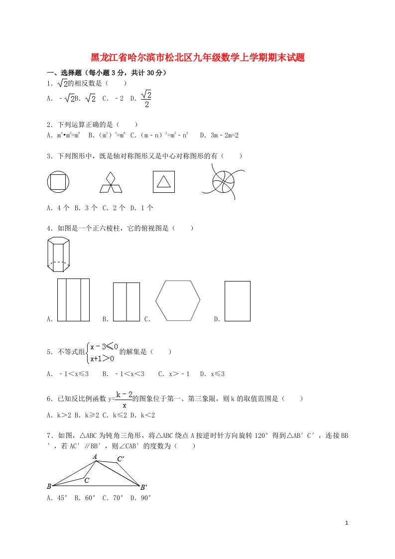 黑龙江省哈尔滨市松北区九级数学上学期期末考试试题（含解析）