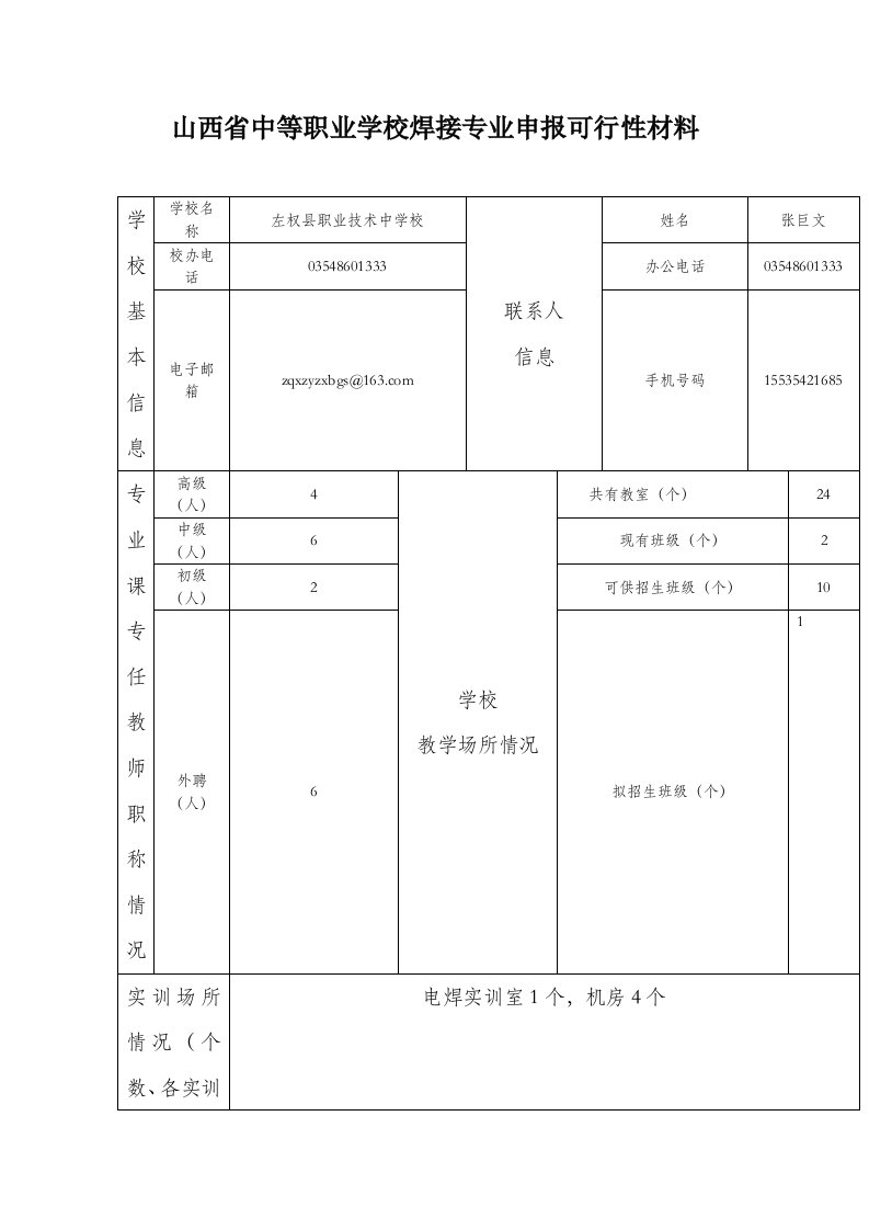 山西省中等职业学校焊接专业申报可行性材料