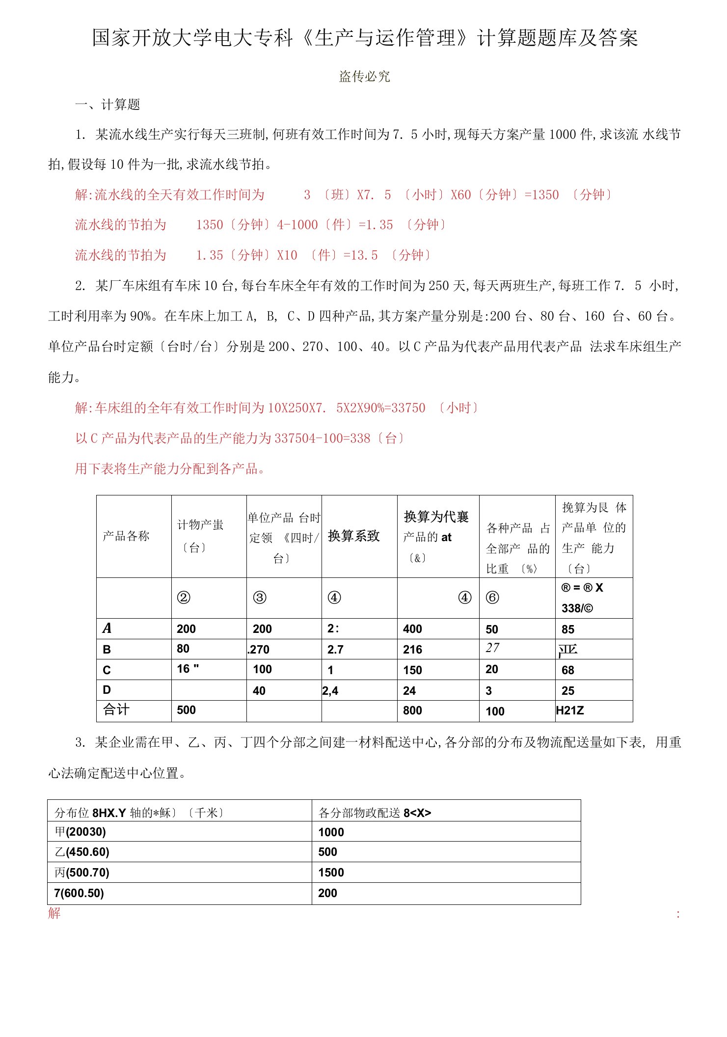 国家开放大学电大专科《生产与运作管理》计算题题库及答案