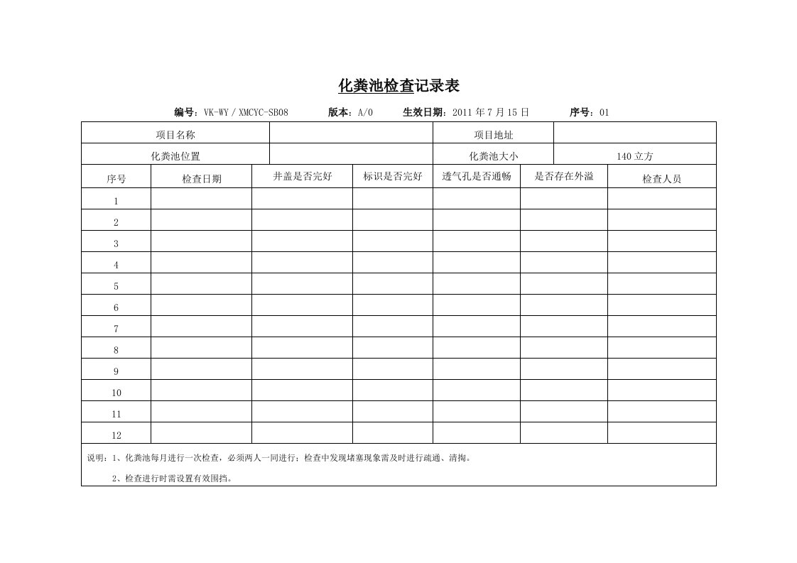 化粪池巡查记录表