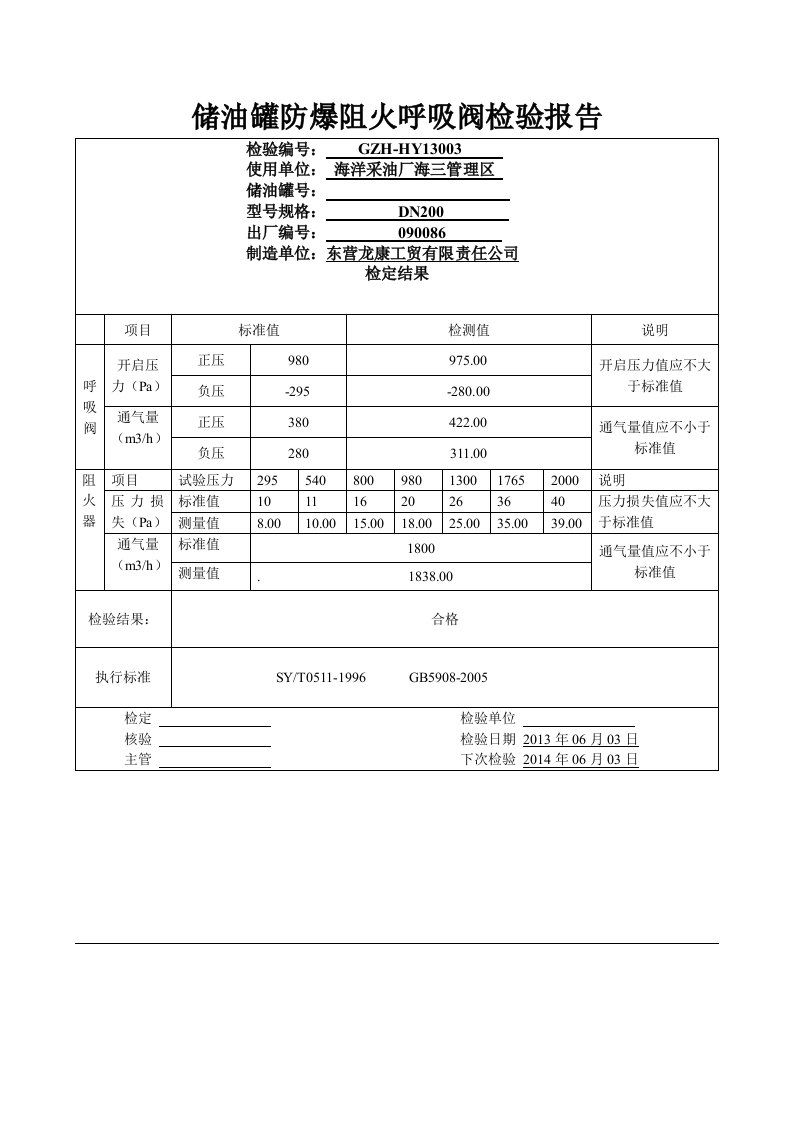 储油罐防爆阻火呼吸阀检验报告