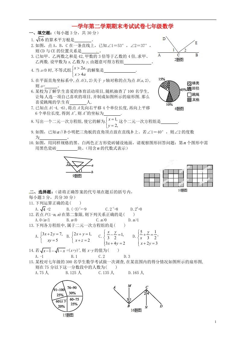 黑龙江省伊市嘉荫县第二中学七级数学下学期期末考试试题