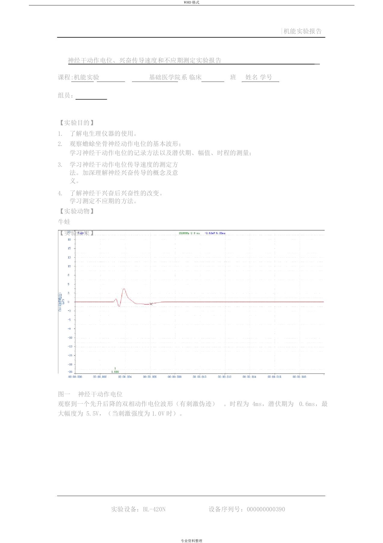 神经干动作电位、兴奋传导速度和不应期测定实验报告