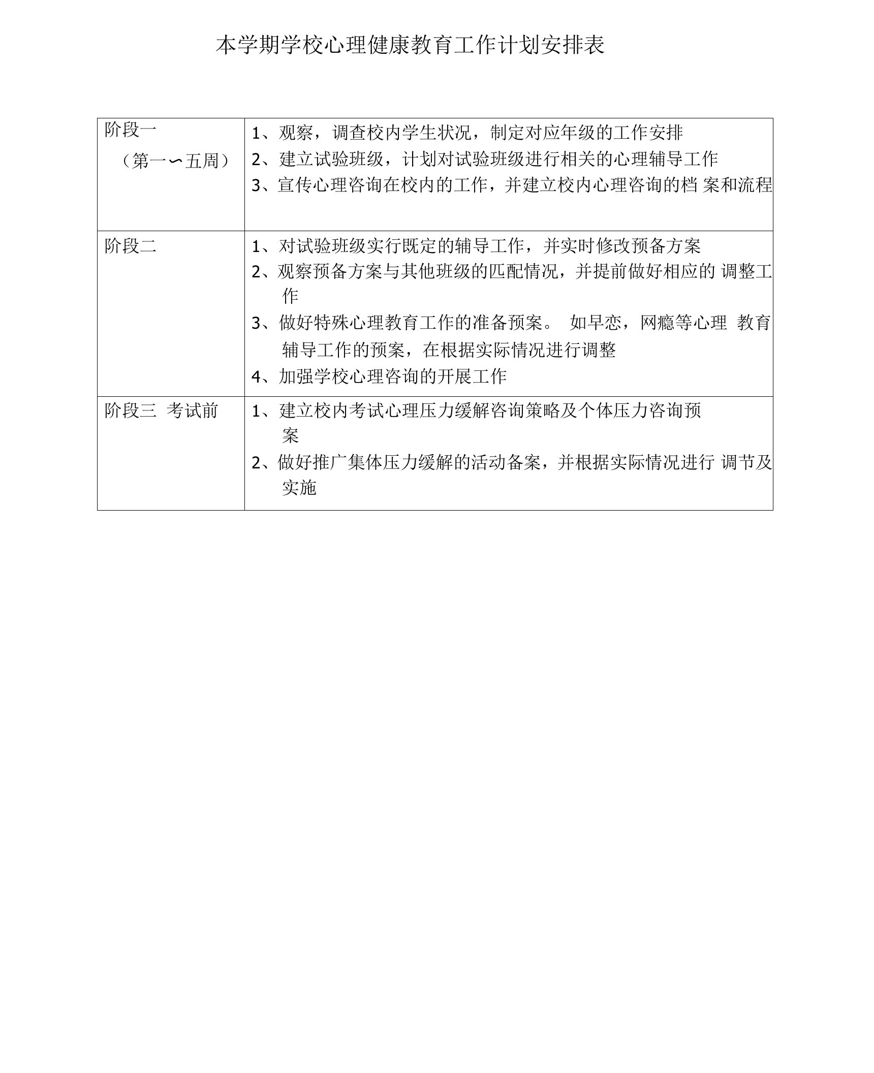 学校心理健康教育工作计划安排表