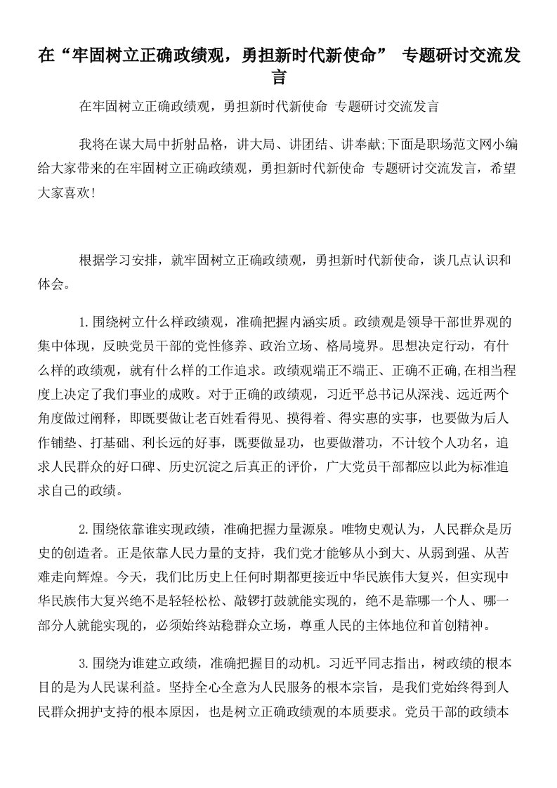 在“牢固树立正确政绩观，勇担新时代新使命”专题研讨交流发言