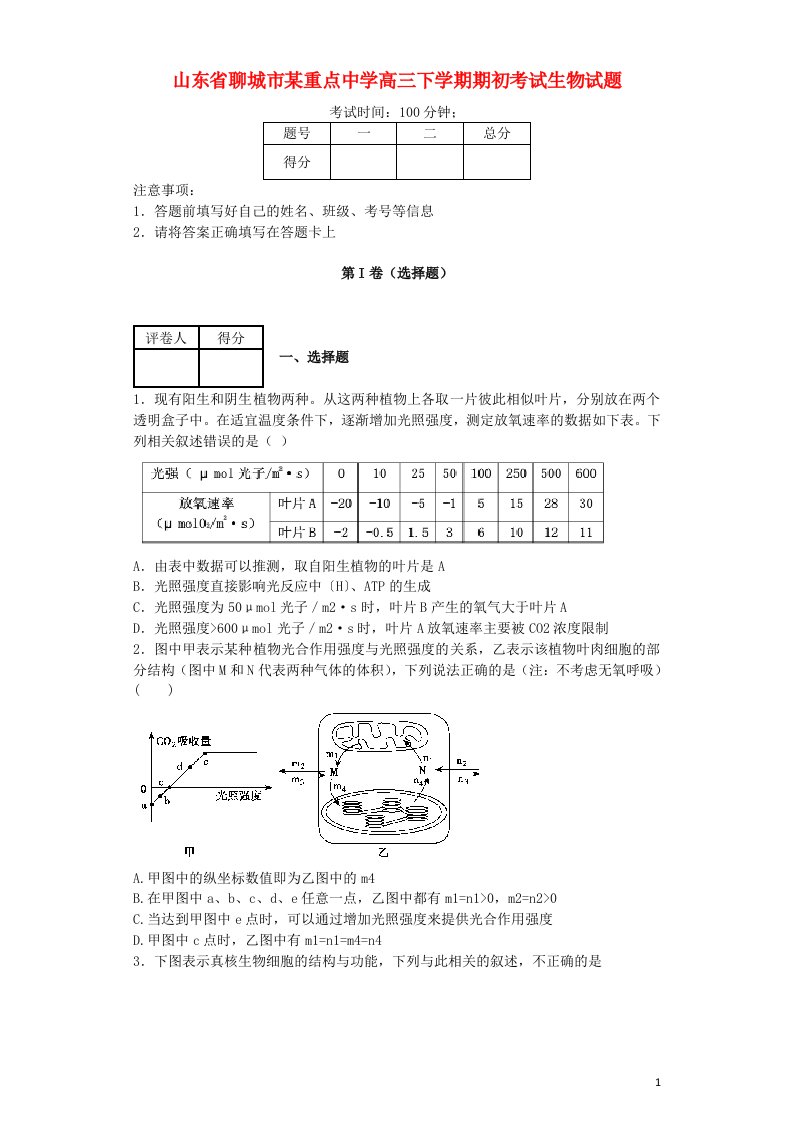 山东省聊城市高三生物下学期期初考试试题新人教版