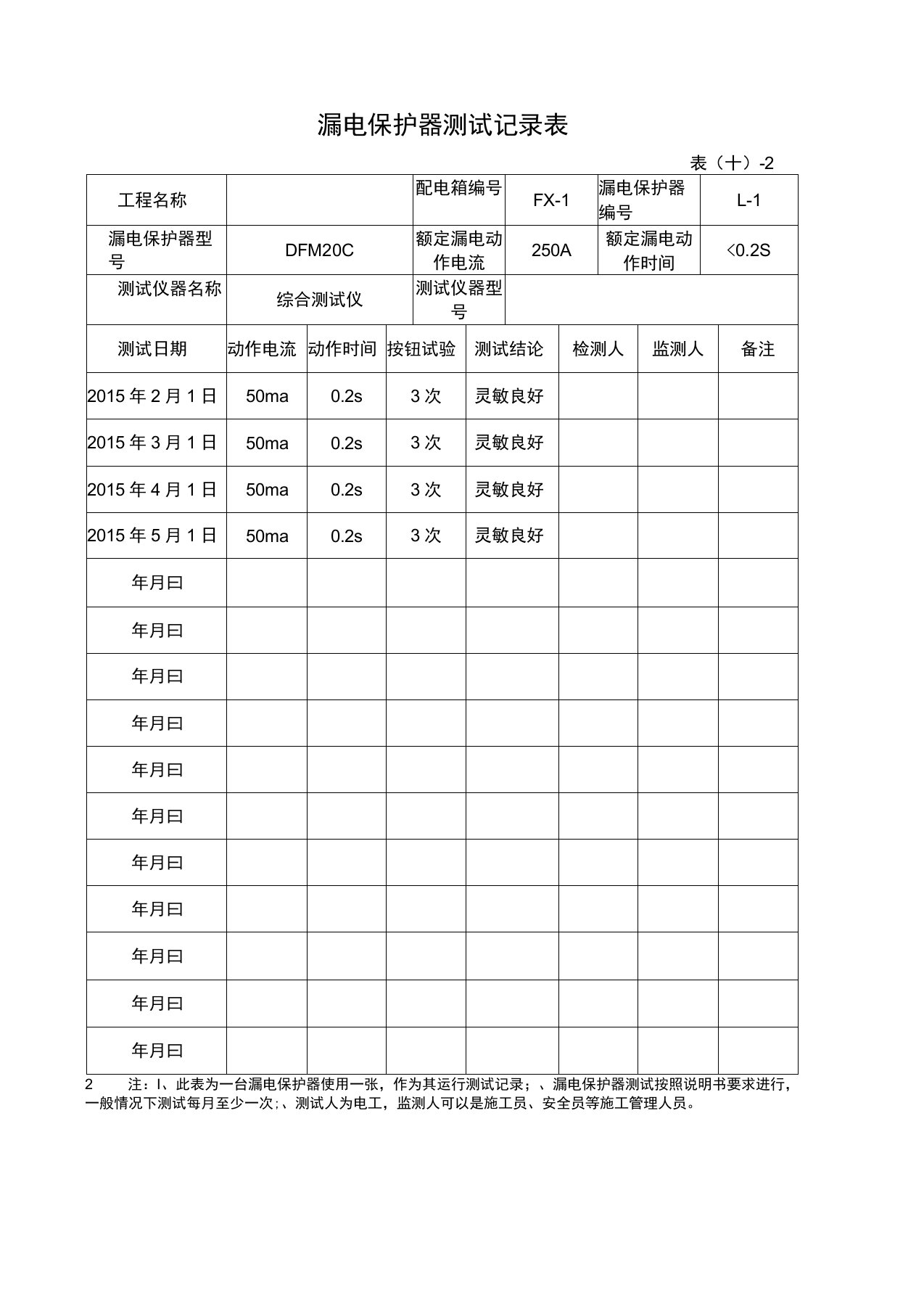 漏电保护器测试记录表(范本)