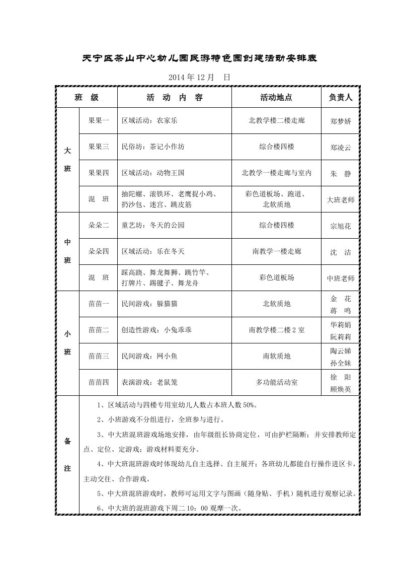 天宁区茶山中心幼儿园民游特色园创建活动安排表