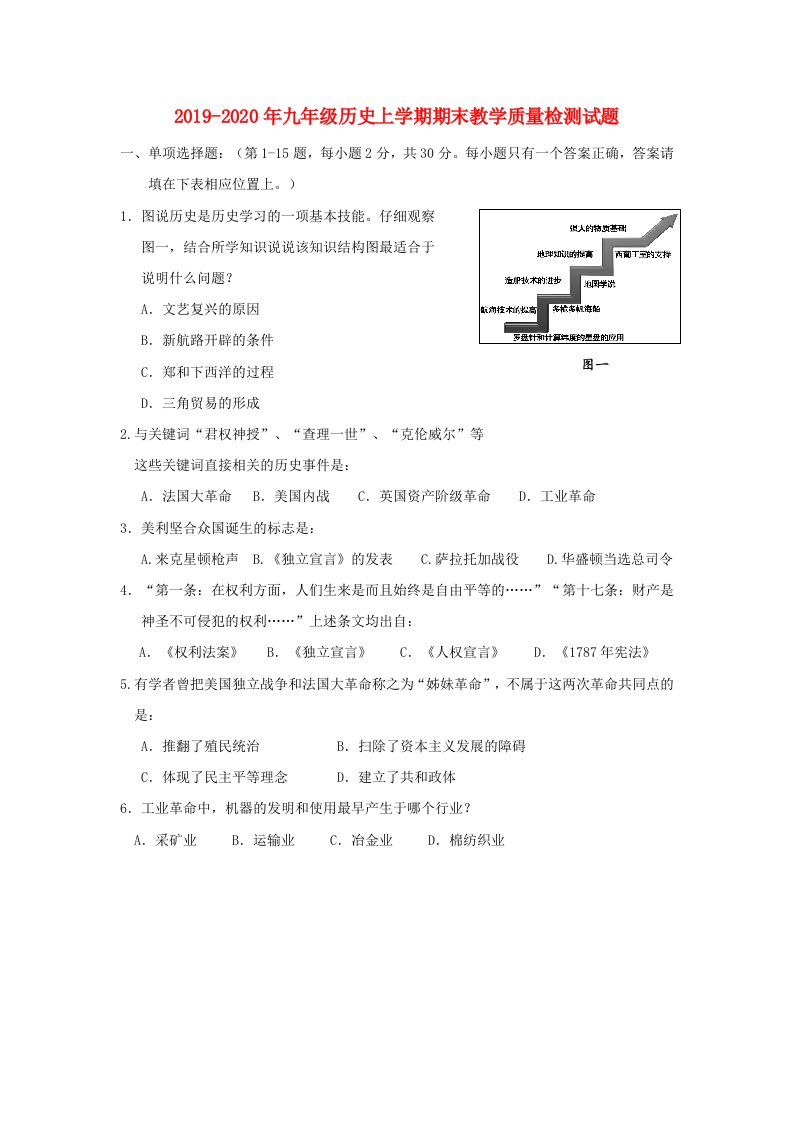 2019-2020年九年级历史上学期期末教学质量检测试题