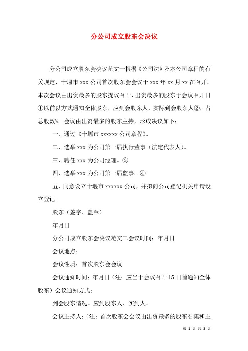 分公司成立股东会决议