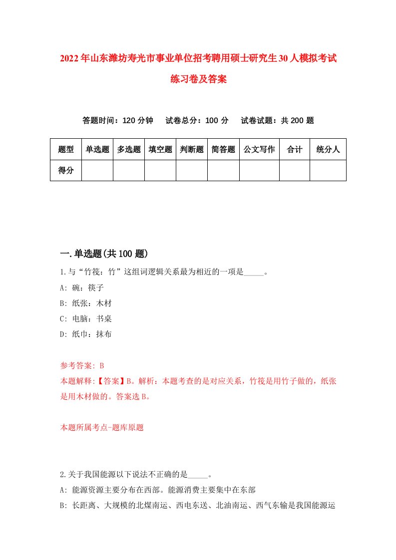 2022年山东潍坊寿光市事业单位招考聘用硕士研究生30人模拟考试练习卷及答案第1版