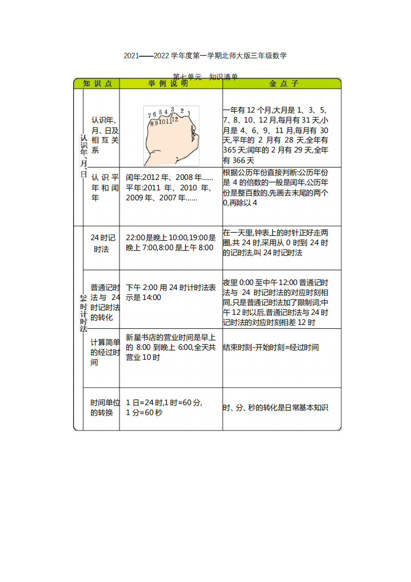 北师大版三年级上册数学第七单元(知识清单)