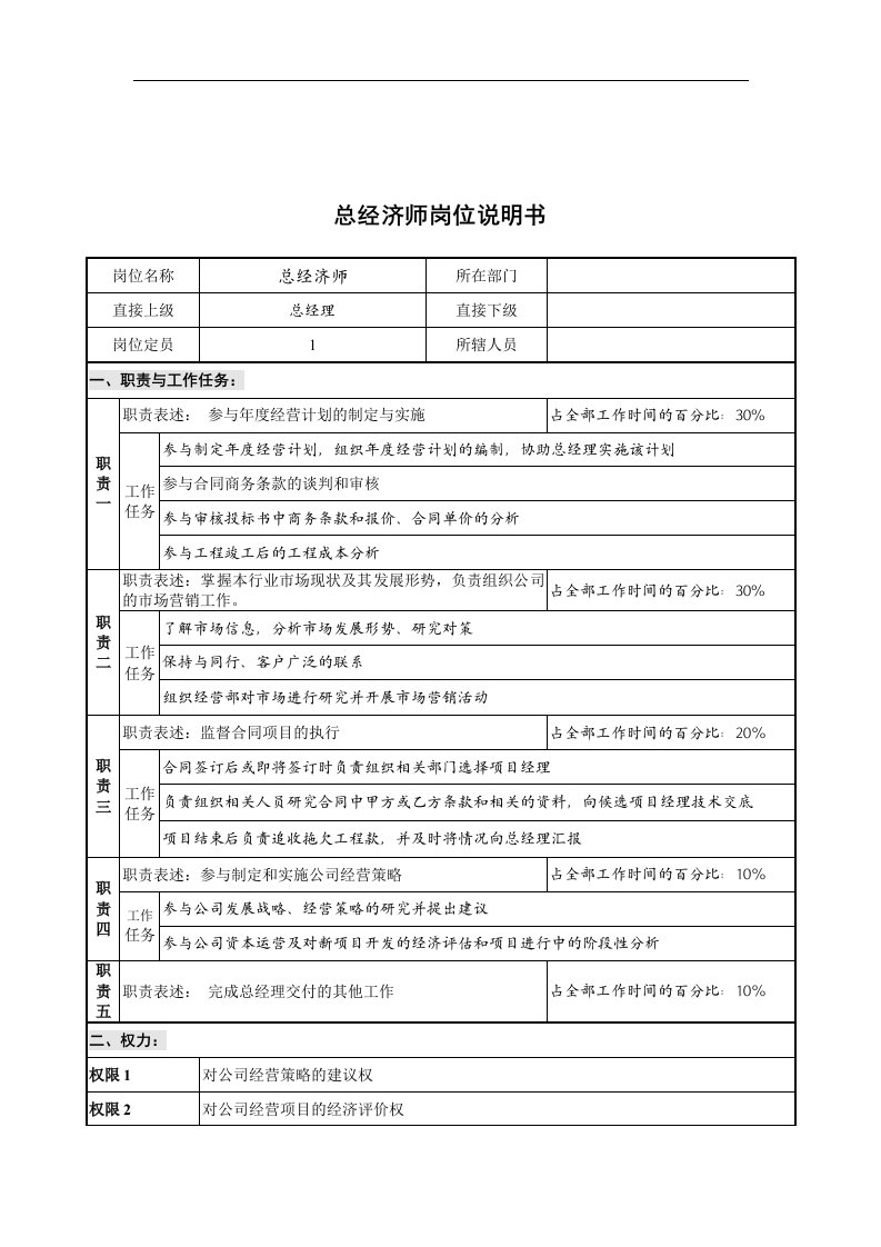 创新港湾工程公司总经济师岗位说明书