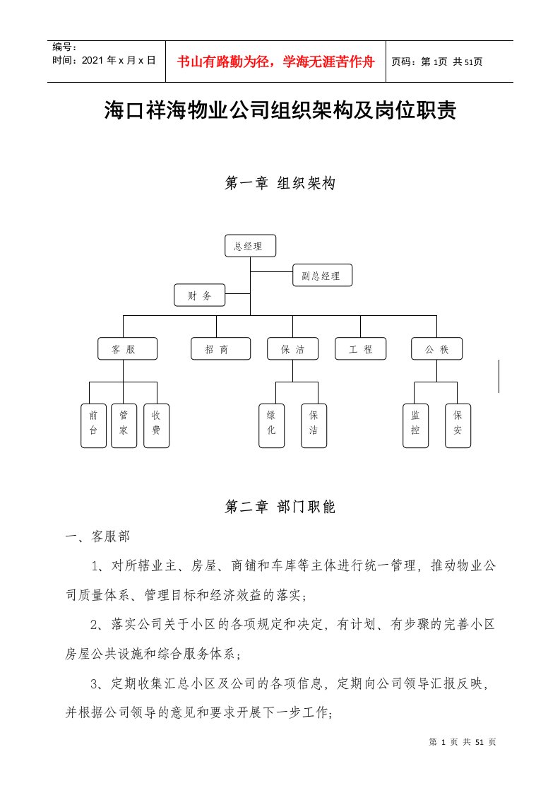 某物业公司组织架构及岗位职责概述