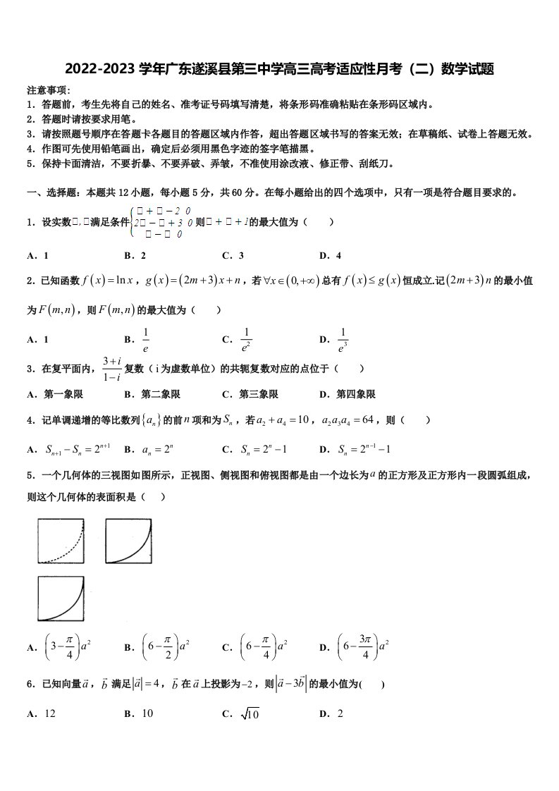 2022-2023学年广东遂溪县第三中学高三高考适应性月考（二）数学试题含解析