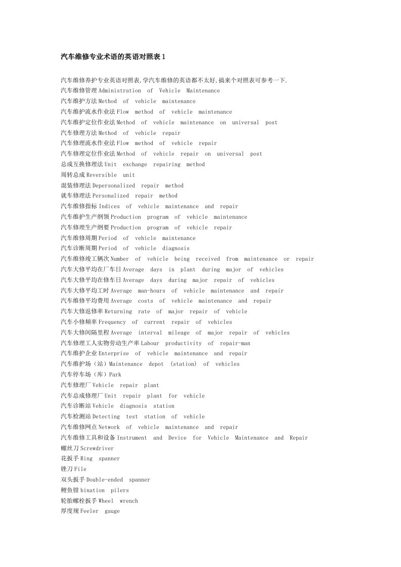 汽车行业-汽车维修中英文对照表