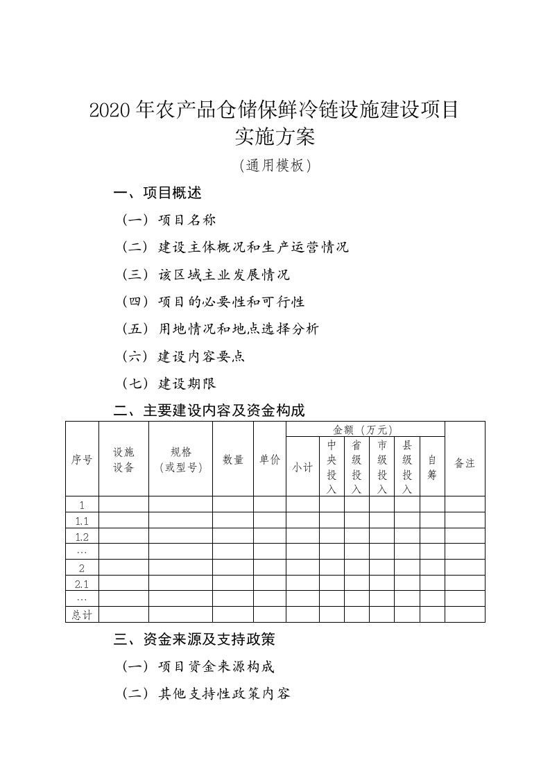 2020年农产品仓储保鲜冷链设施建设项目实施方案