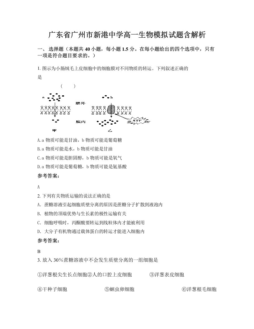 广东省广州市新港中学高一生物模拟试题含解析