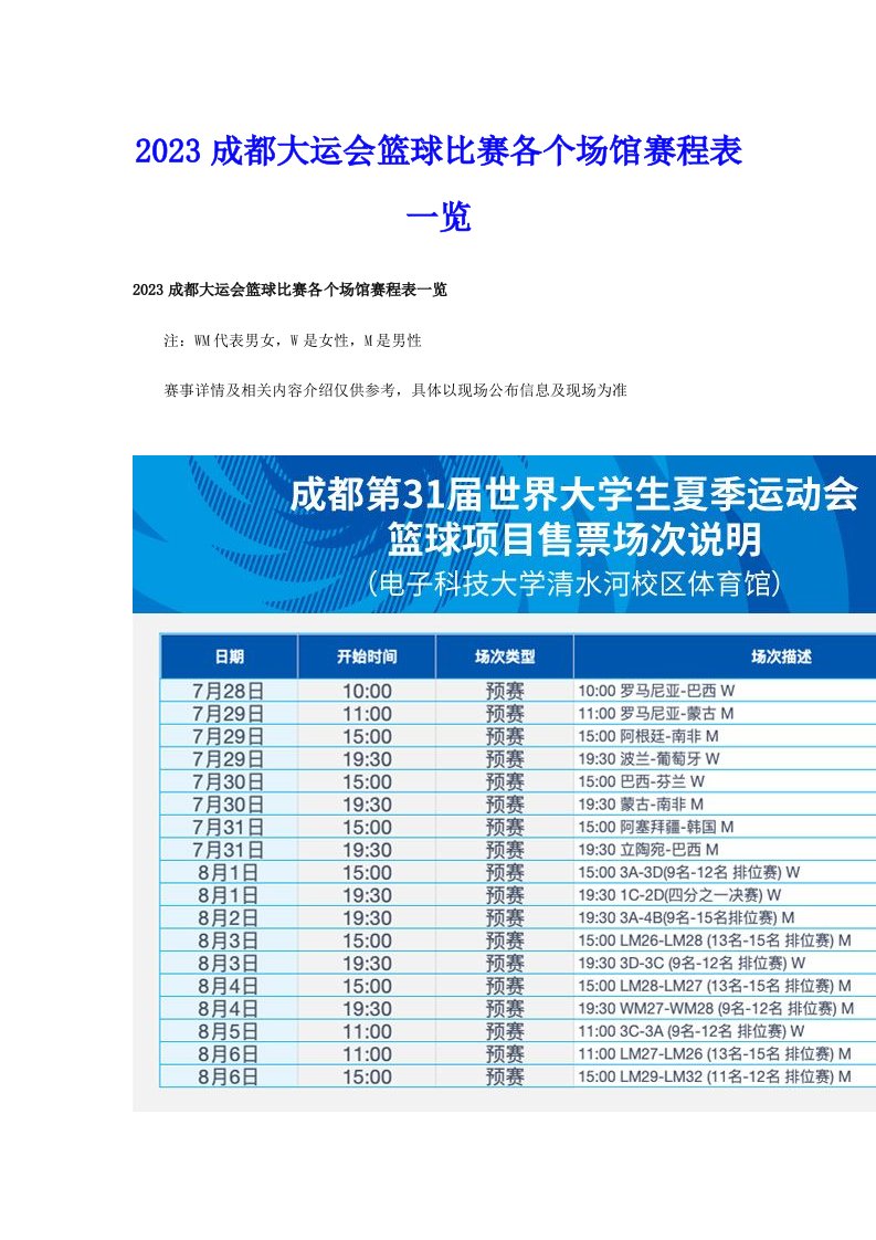 2023成都大运会篮球比赛各个场馆赛程表一览