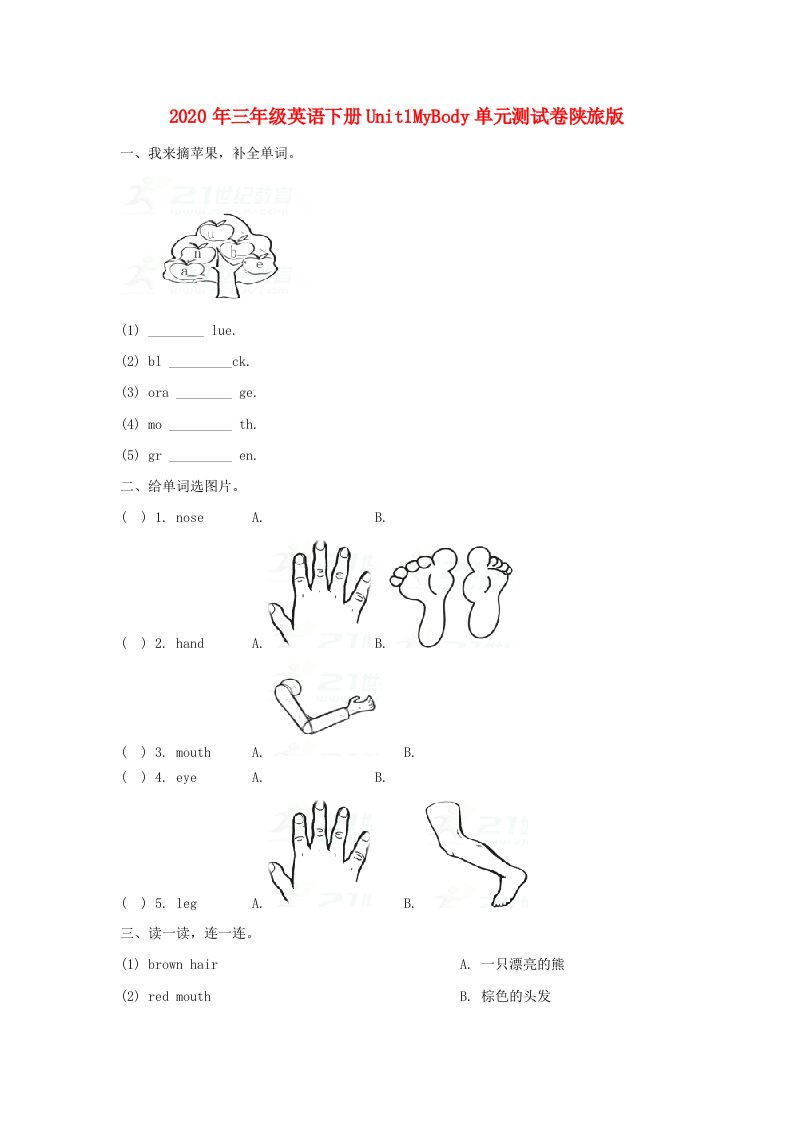 2020年三年级英语下册Unit1MyBody单元测试卷陕旅版