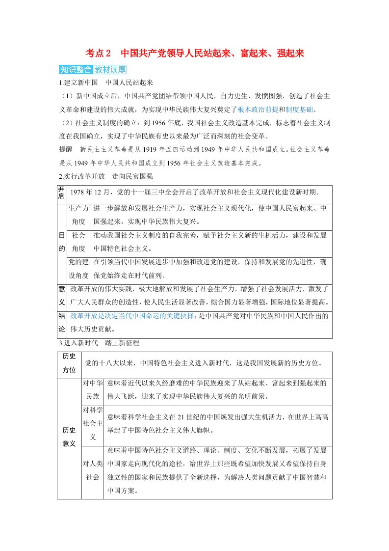 备考2024届高考政治一轮复习讲义必修3第一课历史和人民的选择考点2中国共产党领导人民站起来富起来强起来