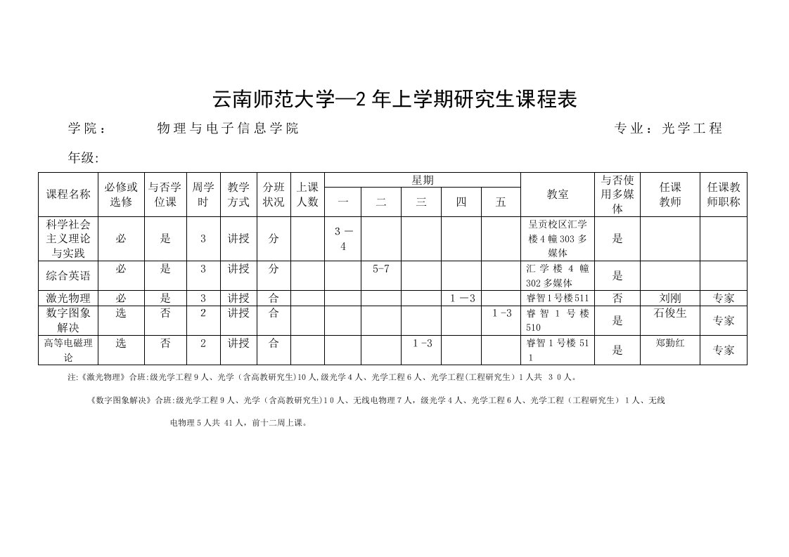 云南师范大学—2年上学期研究生课程表