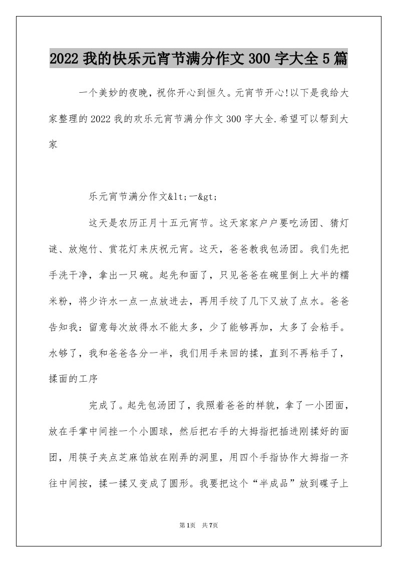 2022我的快乐元宵节满分作文300字大全5篇