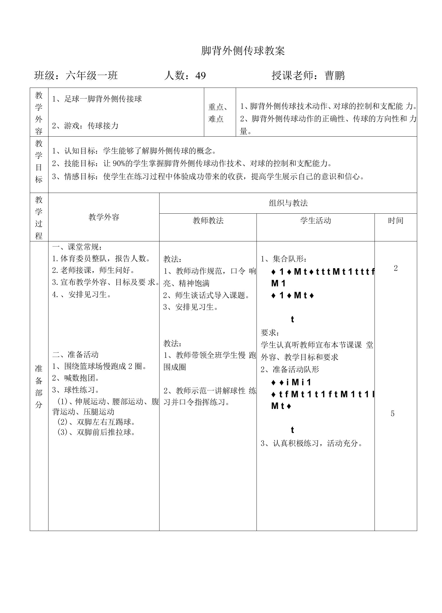 小学中小学校园足球人教六年级全一册接球技术脚背外侧传接球教案