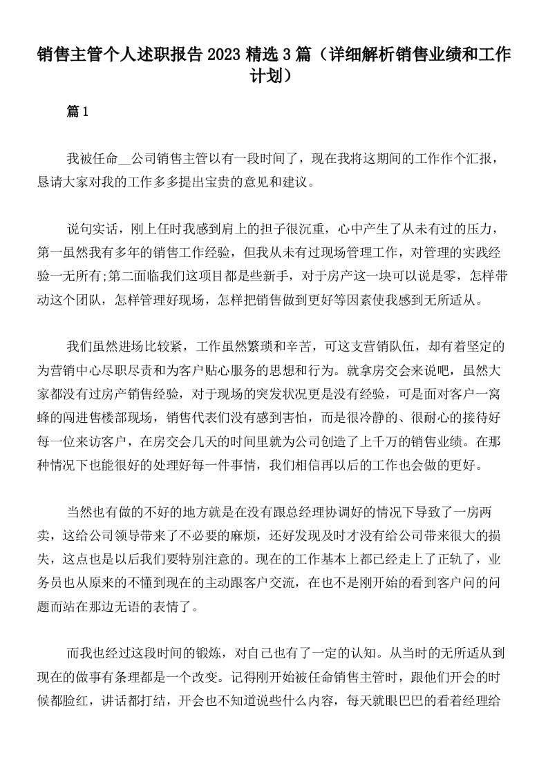 销售主管个人述职报告2023精选3篇（详细解析销售业绩和工作计划）