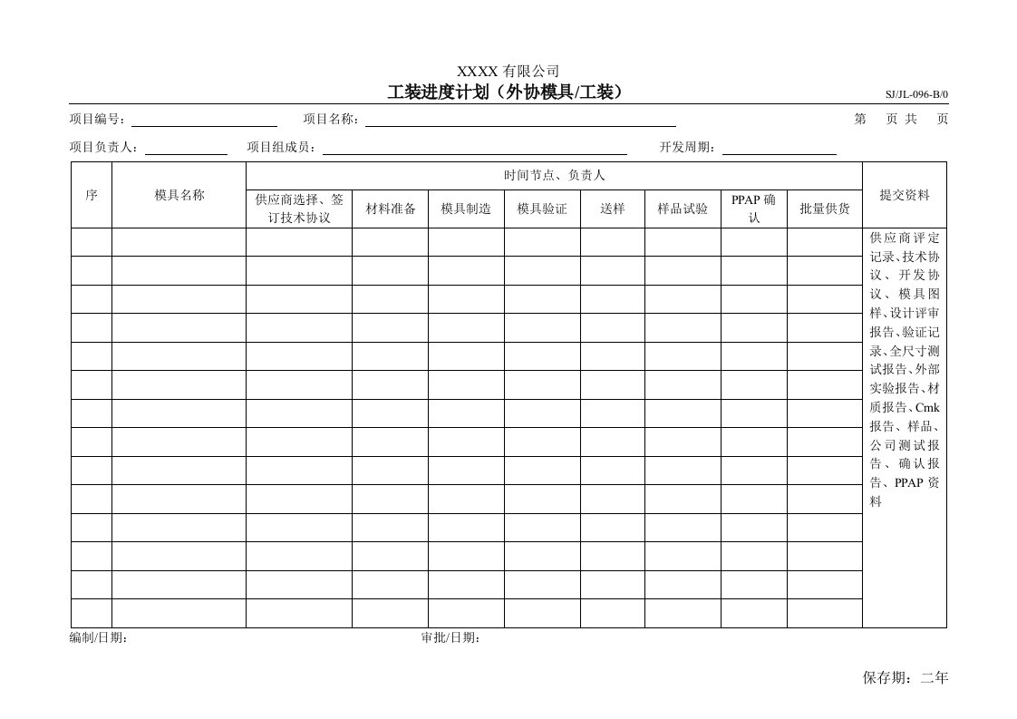 2008年最新TS16949文件集《质量手册、程序文件、表单全套》(224个文件)工装进度计划-096-程序文件