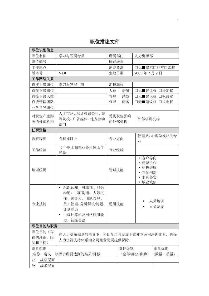 学习与发展专员岗位说明书