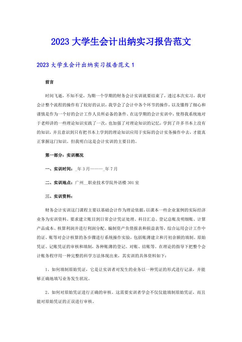 2023大学生会计出纳实习报告范文