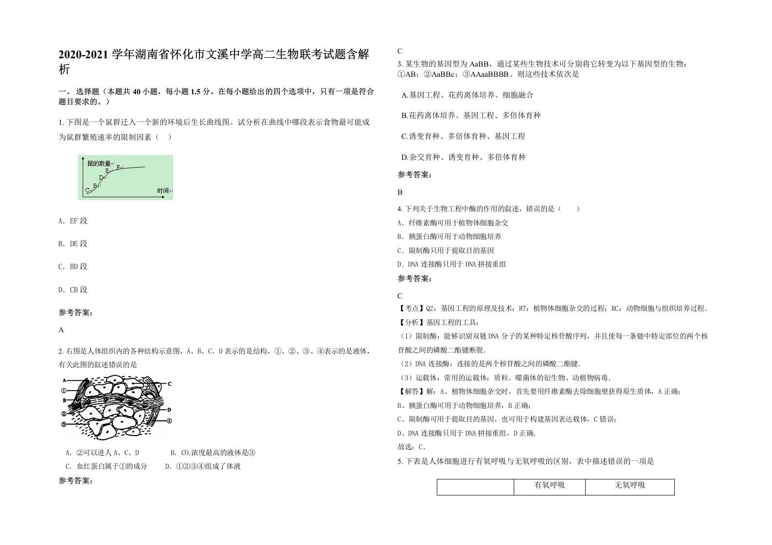 2020-2021学年湖南省怀化市文溪中学高二生物联考试题含解析