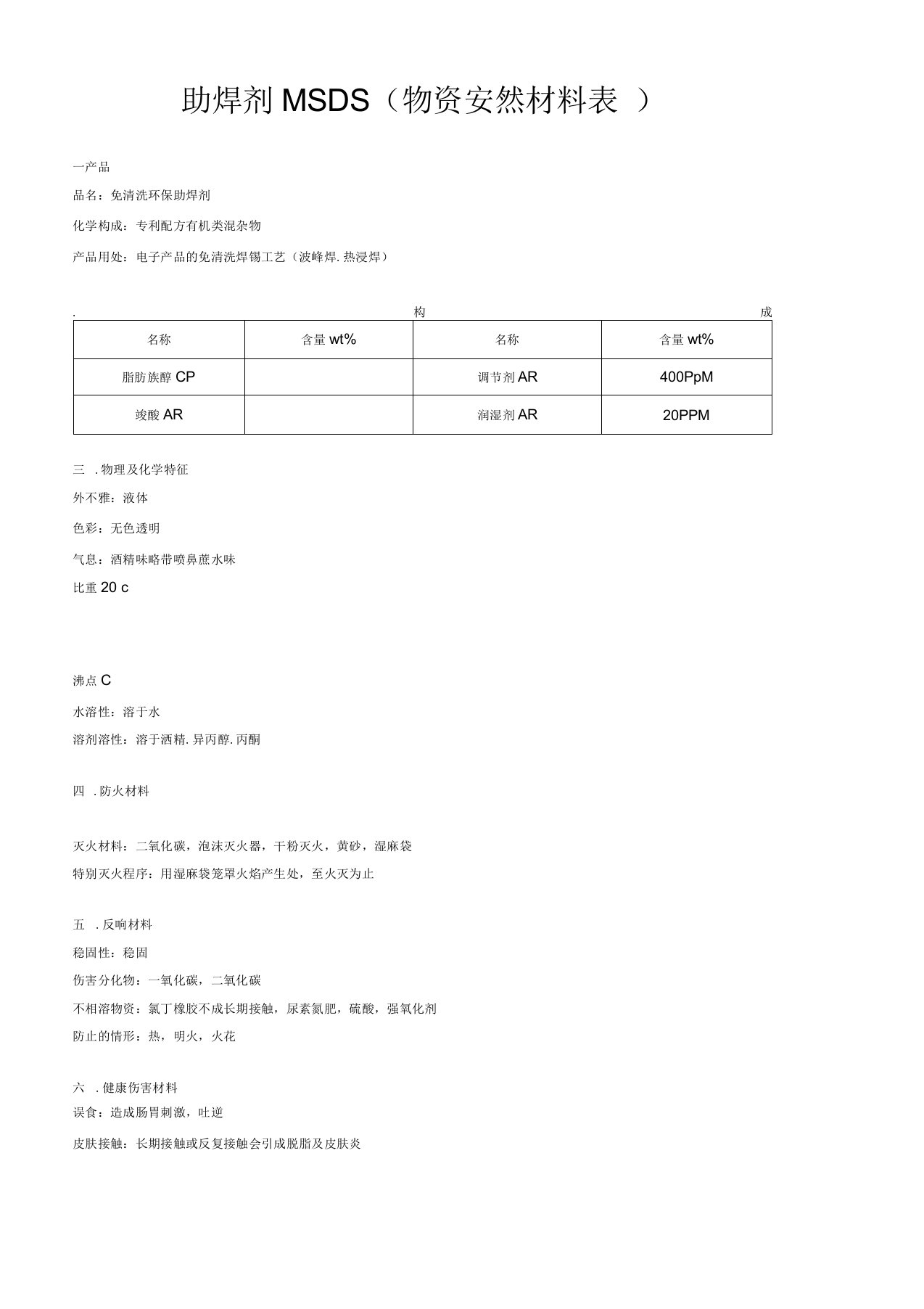 助焊剂MSDS说明书