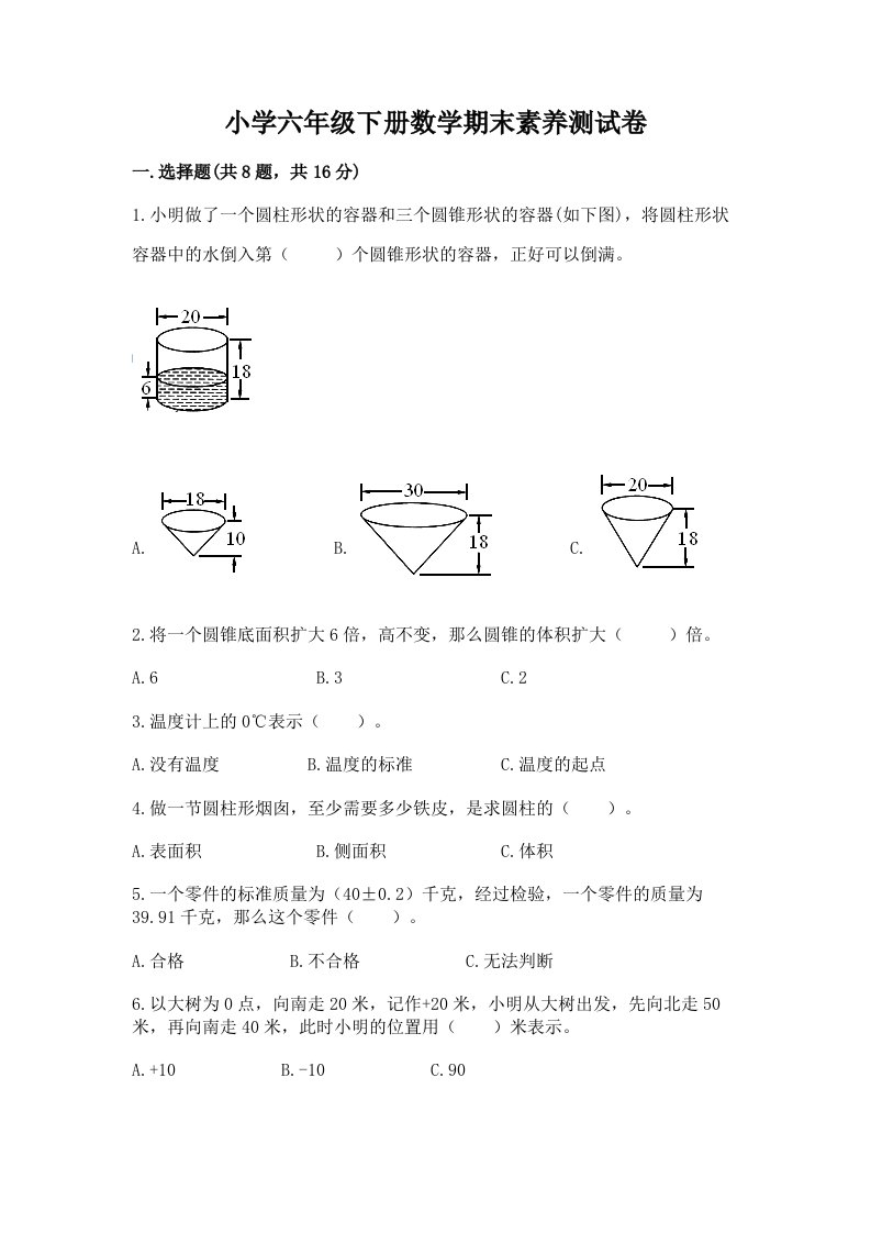 小学六年级下册数学期末素养测试卷（预热题）