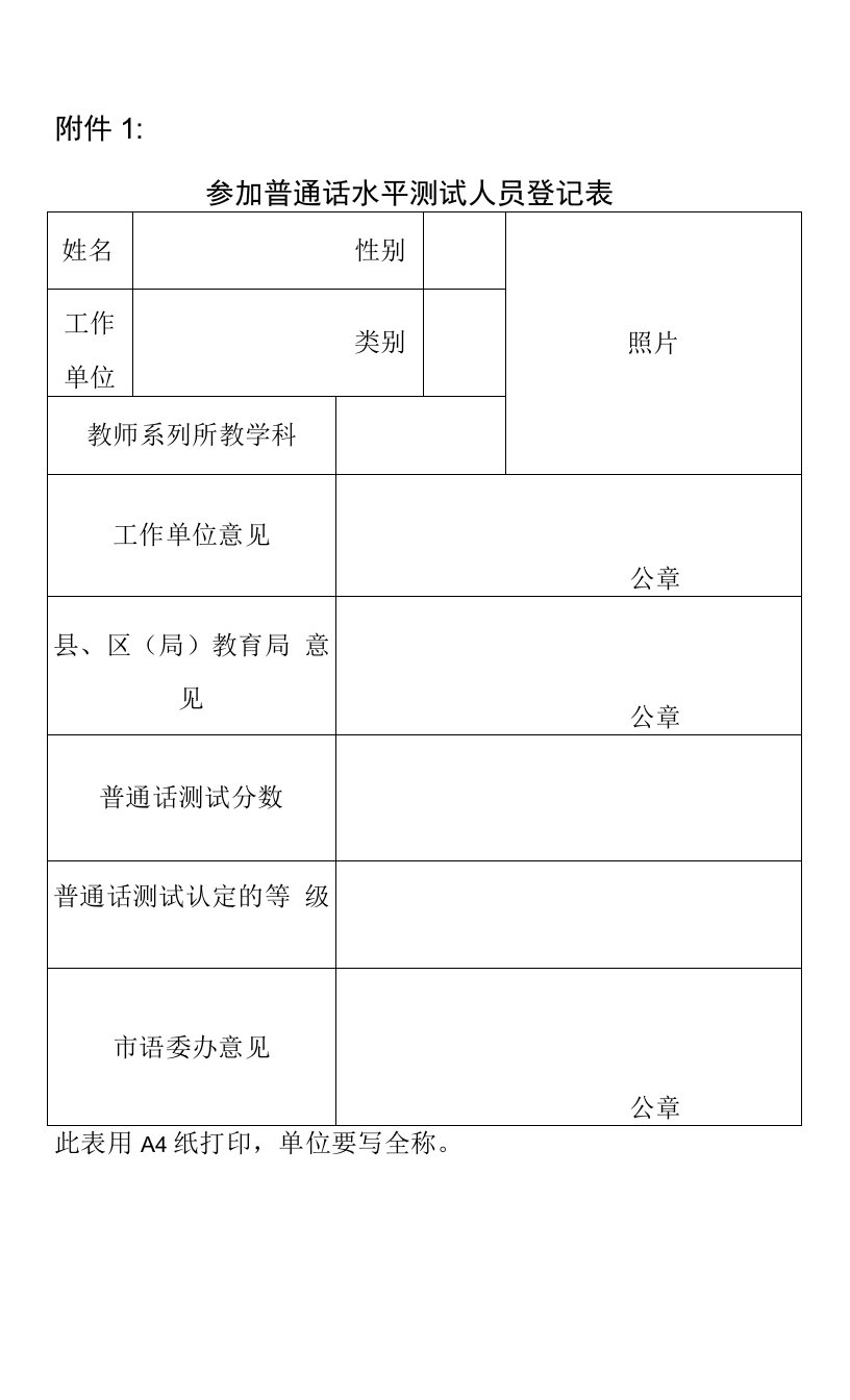 参加普通话水平测试人员登记表