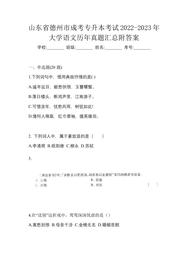 山东省德州市成考专升本考试2022-2023年大学语文历年真题汇总附答案