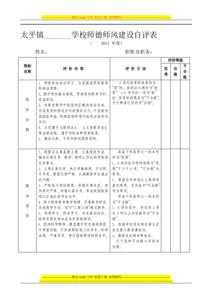 教师师德评价表、考核表.